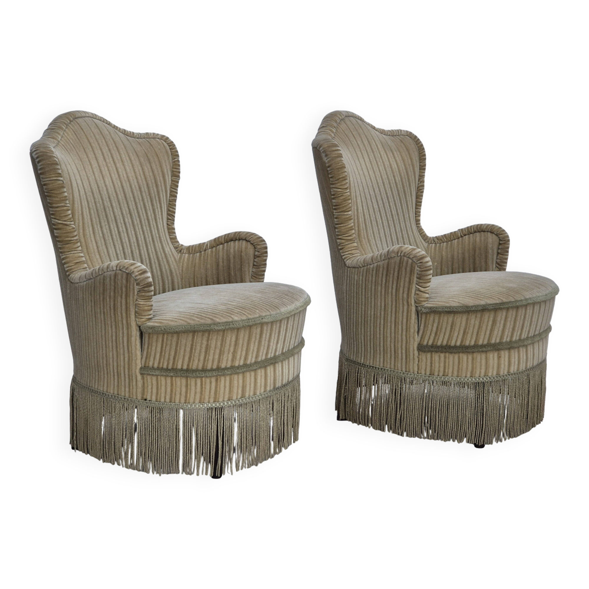 1970s, pair of Danish armchairs, original condition, green furniture velour.