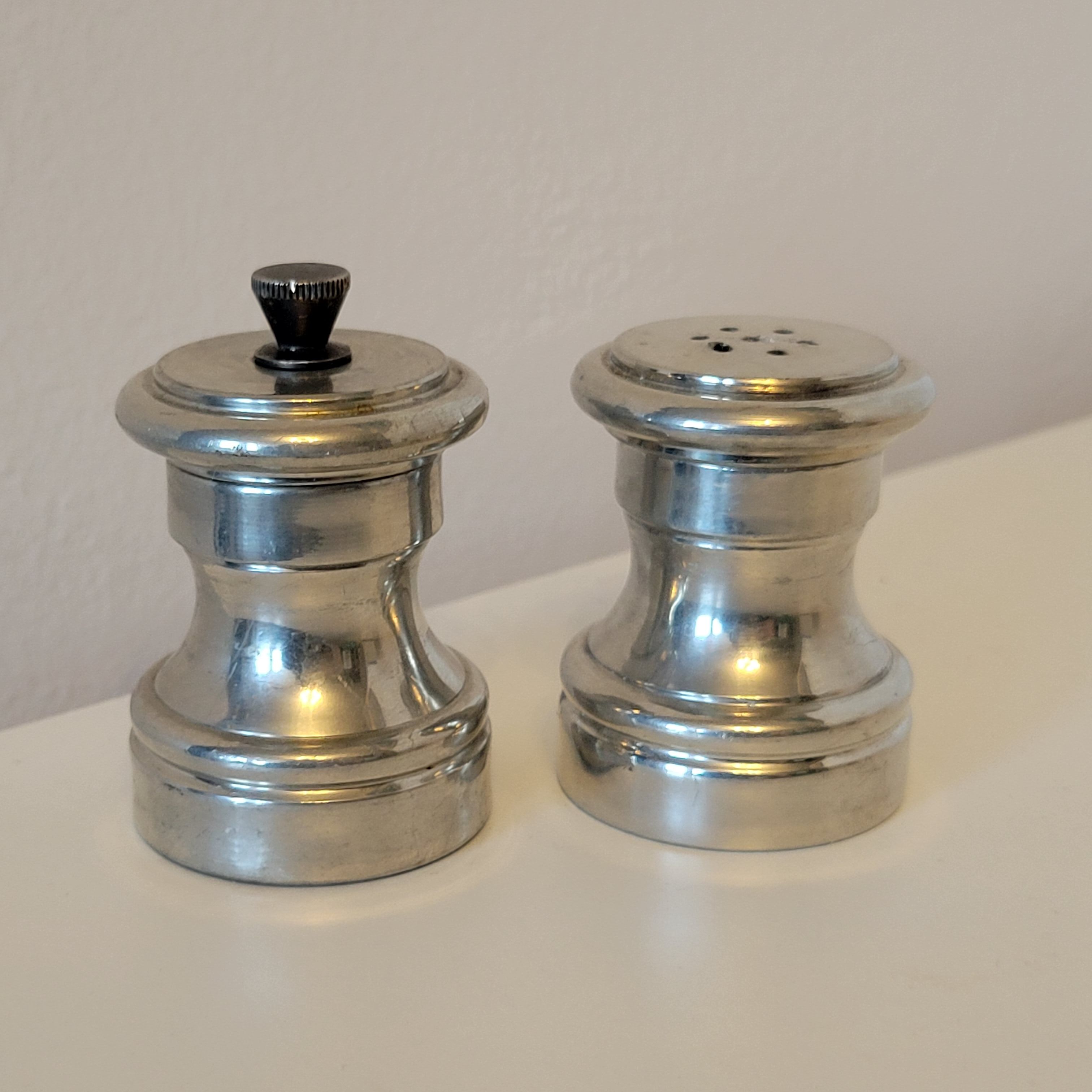 Vintage silver metal table salt shaker and pepper shaker Italy Raimond