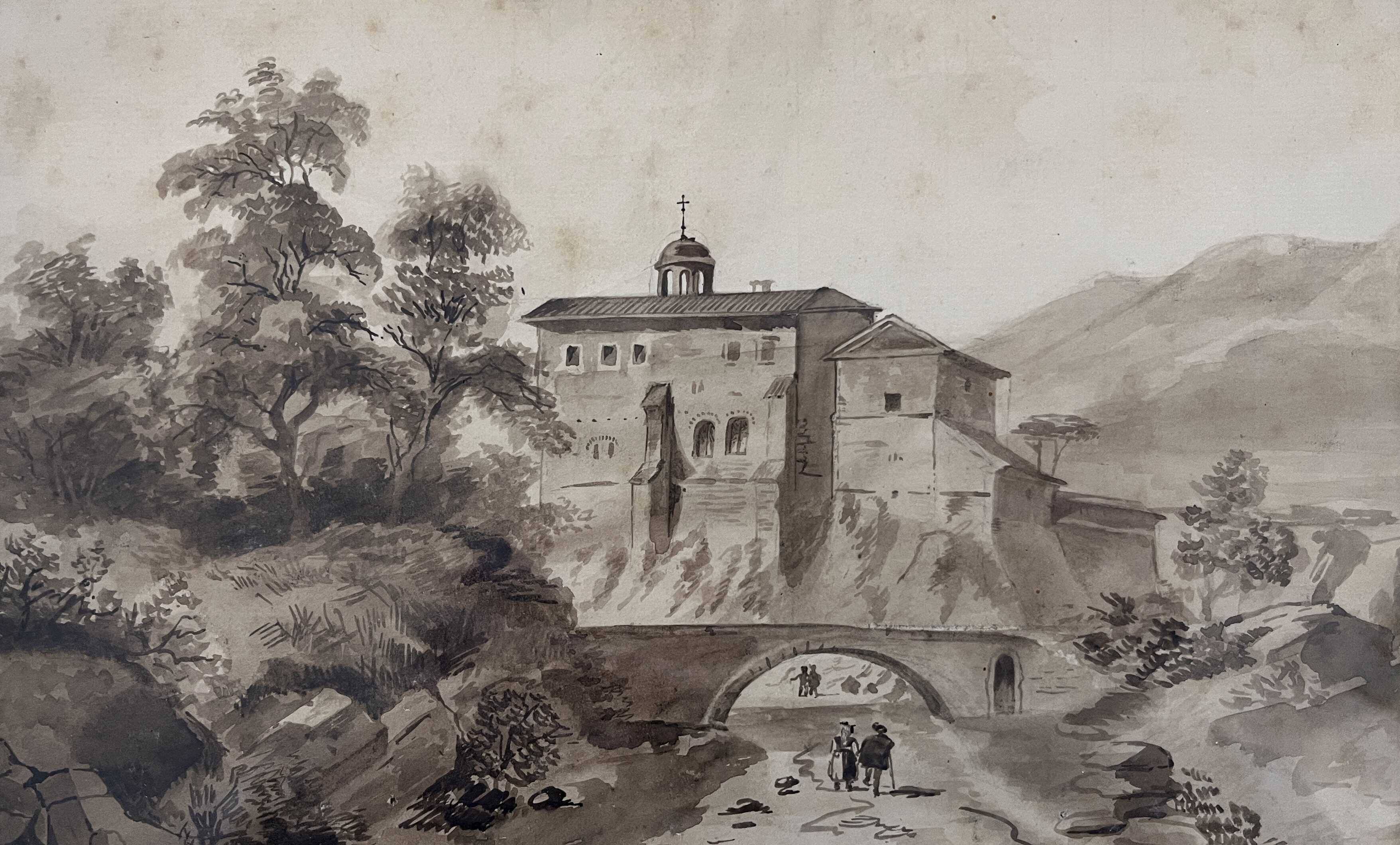 Original painting "Animated Monastery Landscape" around 1850 Italy?