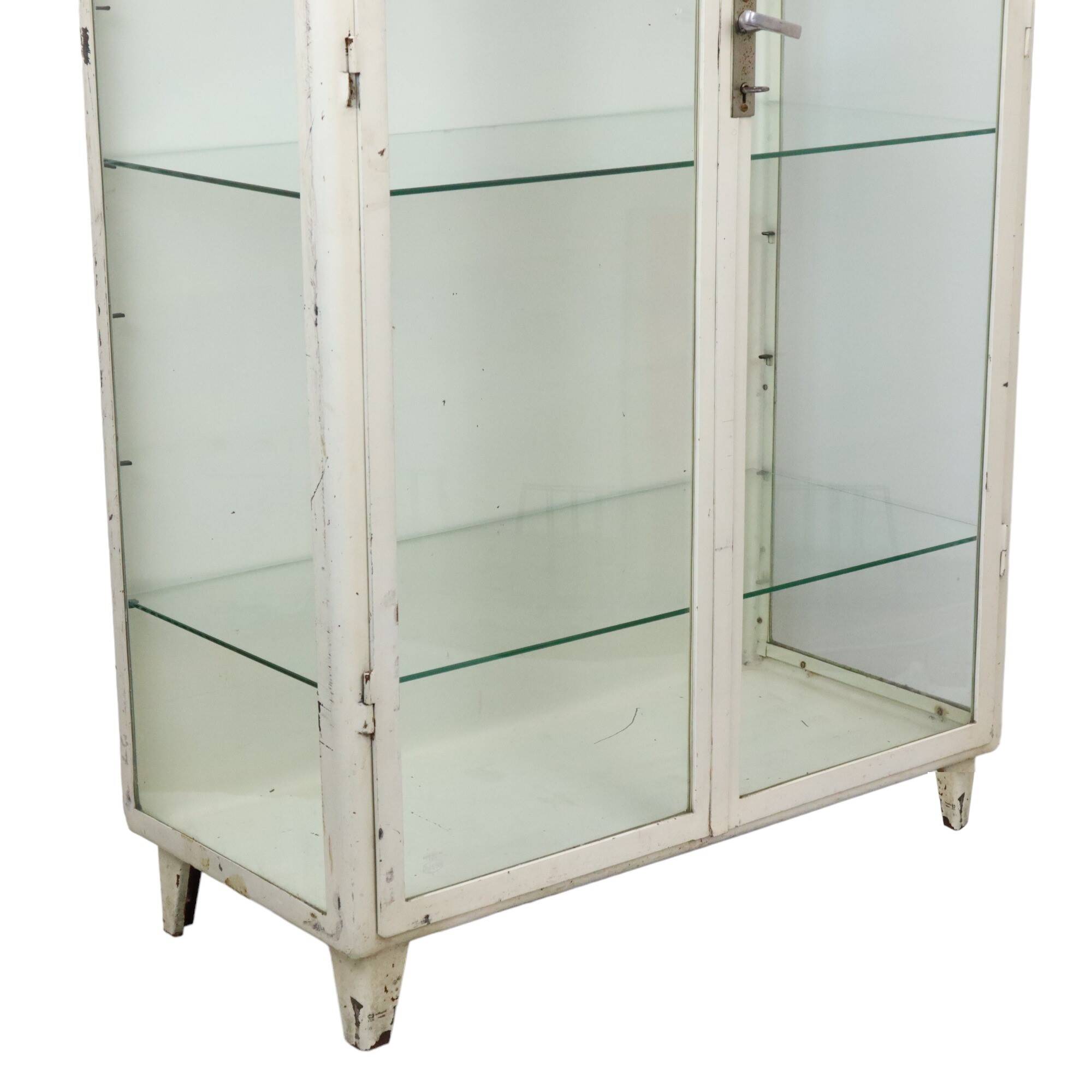 Old metal pharmacy cabinet medicine cupboard glass industrial 1950s
