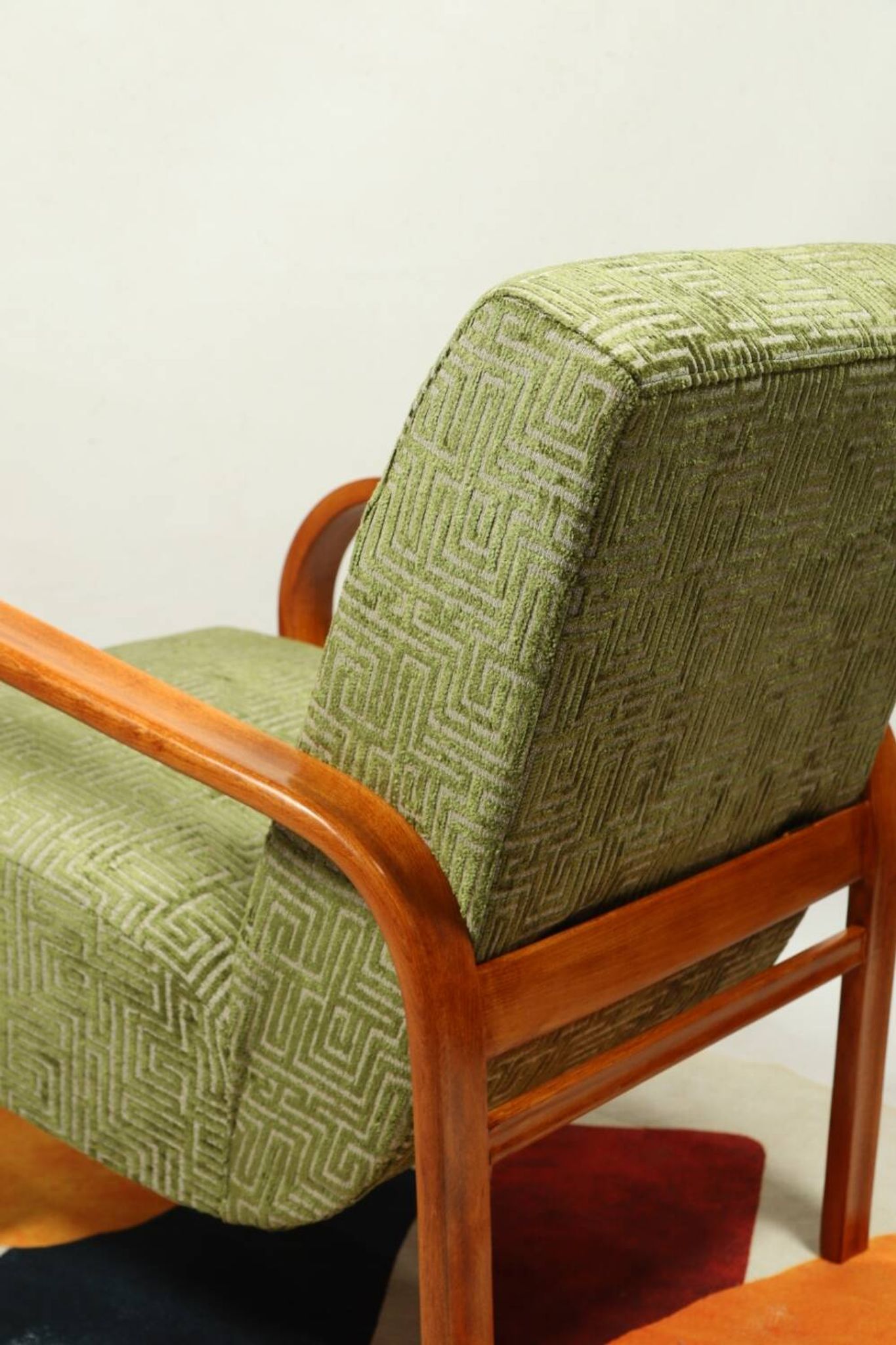 Art Deco armchair in green geometric jacquard by Kropacek Kozelek 1950