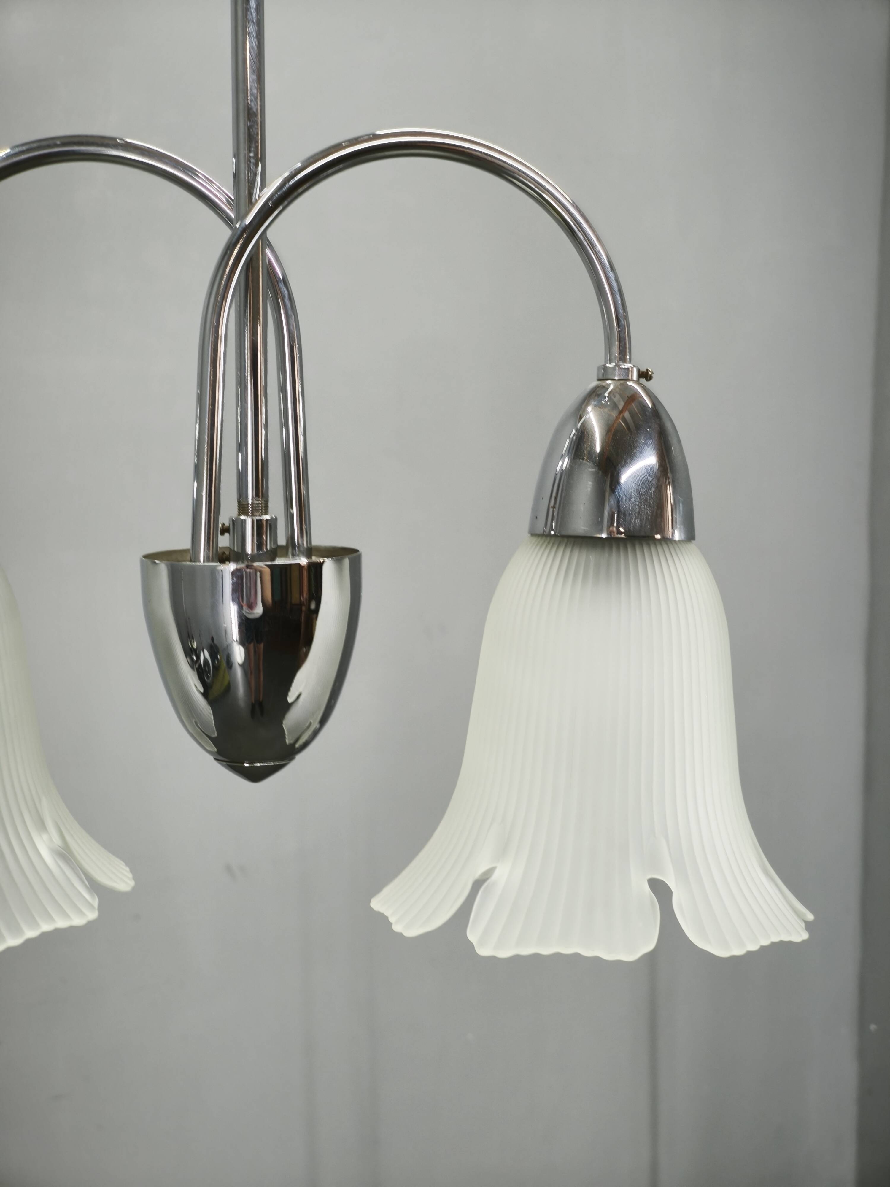 1950s Chrome and Floral Glass Chandelier by Elektroinstala Děčín