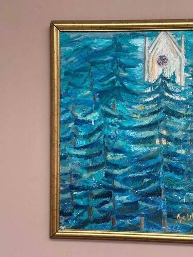 Mid-Century Oil on Canvas “Blue Trees” by Ag Liljardh– Vintage & Framed