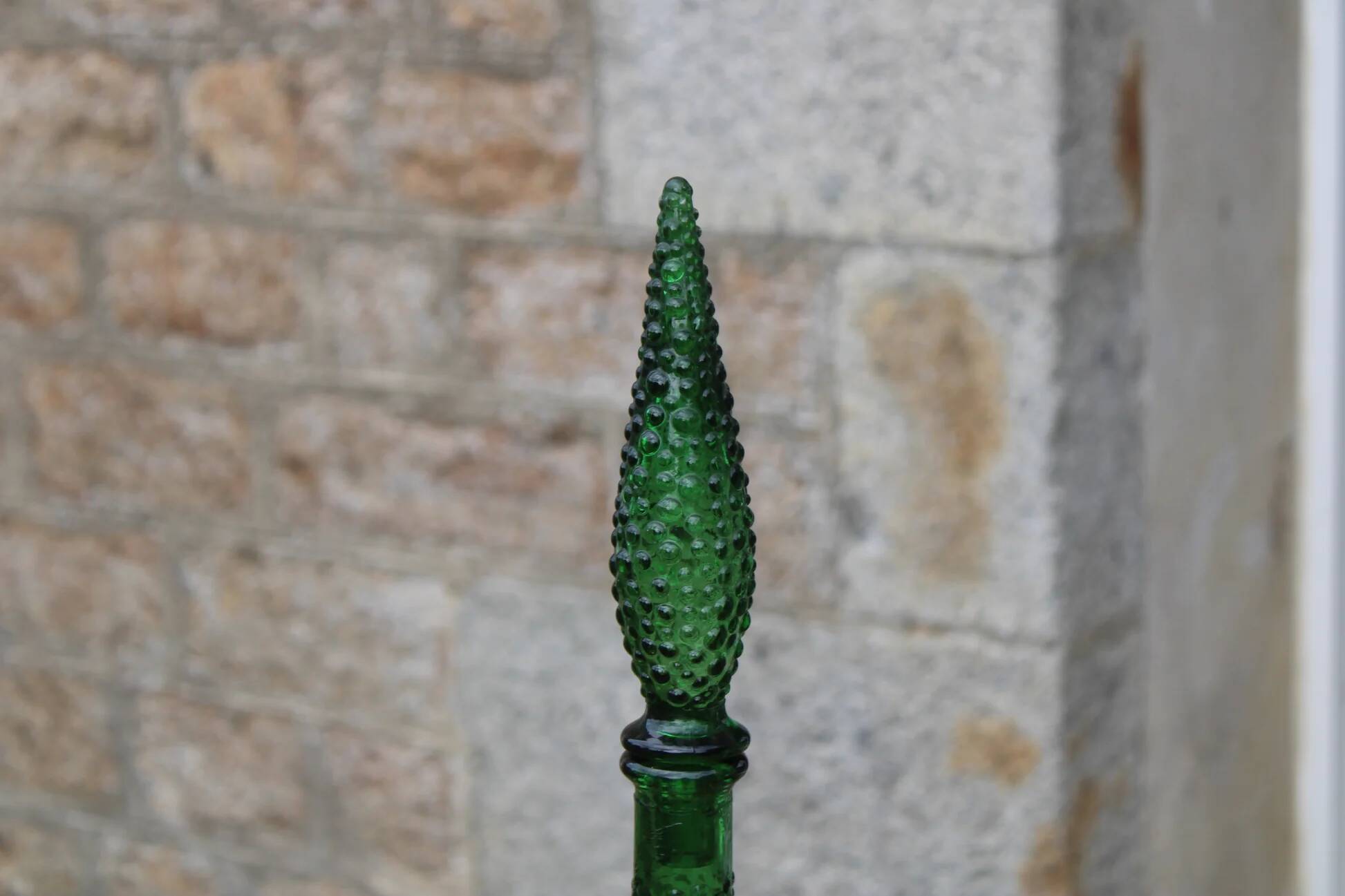 Large decorative vintage green glass carafe/bottle with relief – H57 cm
