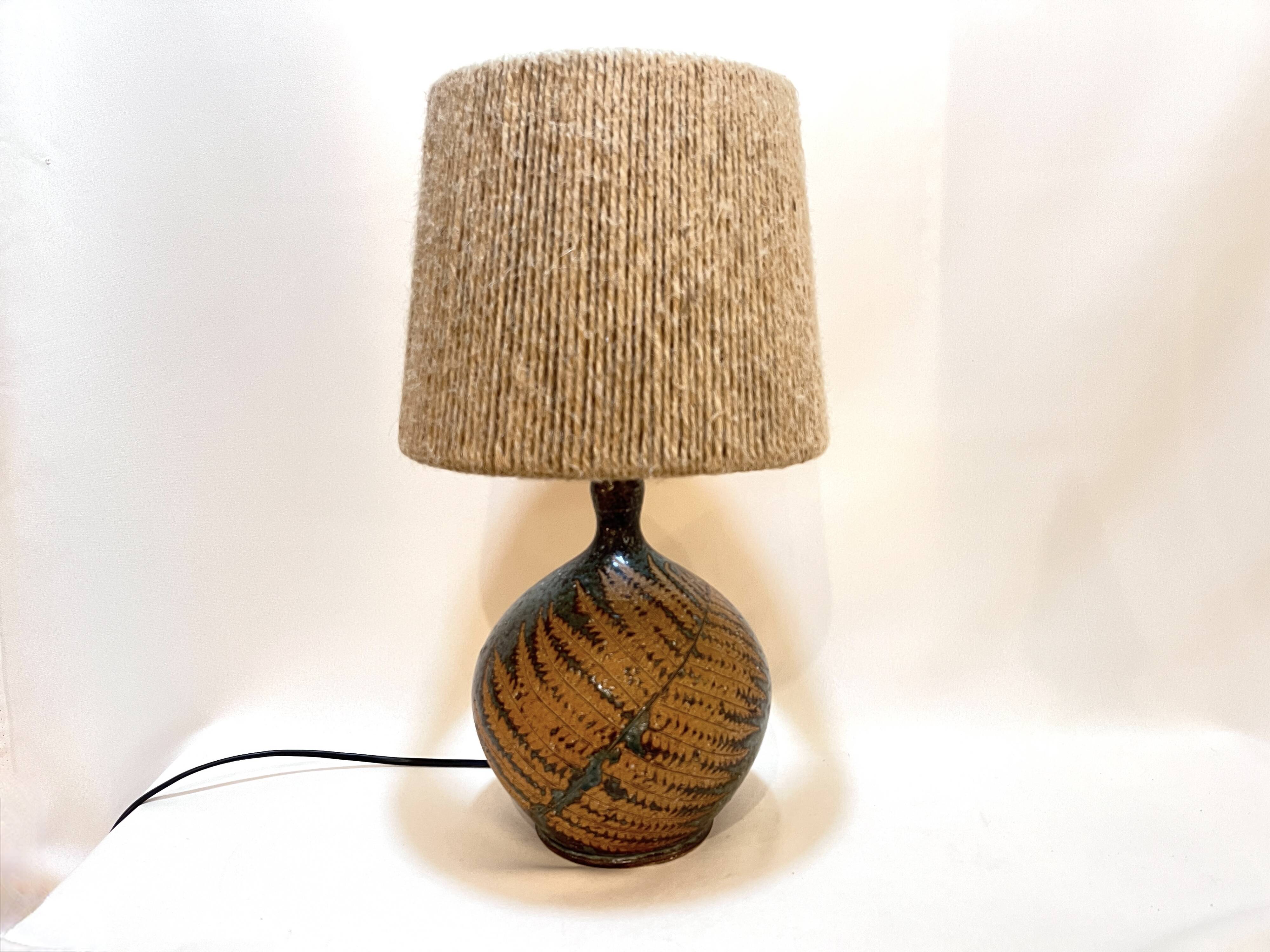 Vintage stoneware lamp by Alain Blanchard, 1970s, fern, rope shade