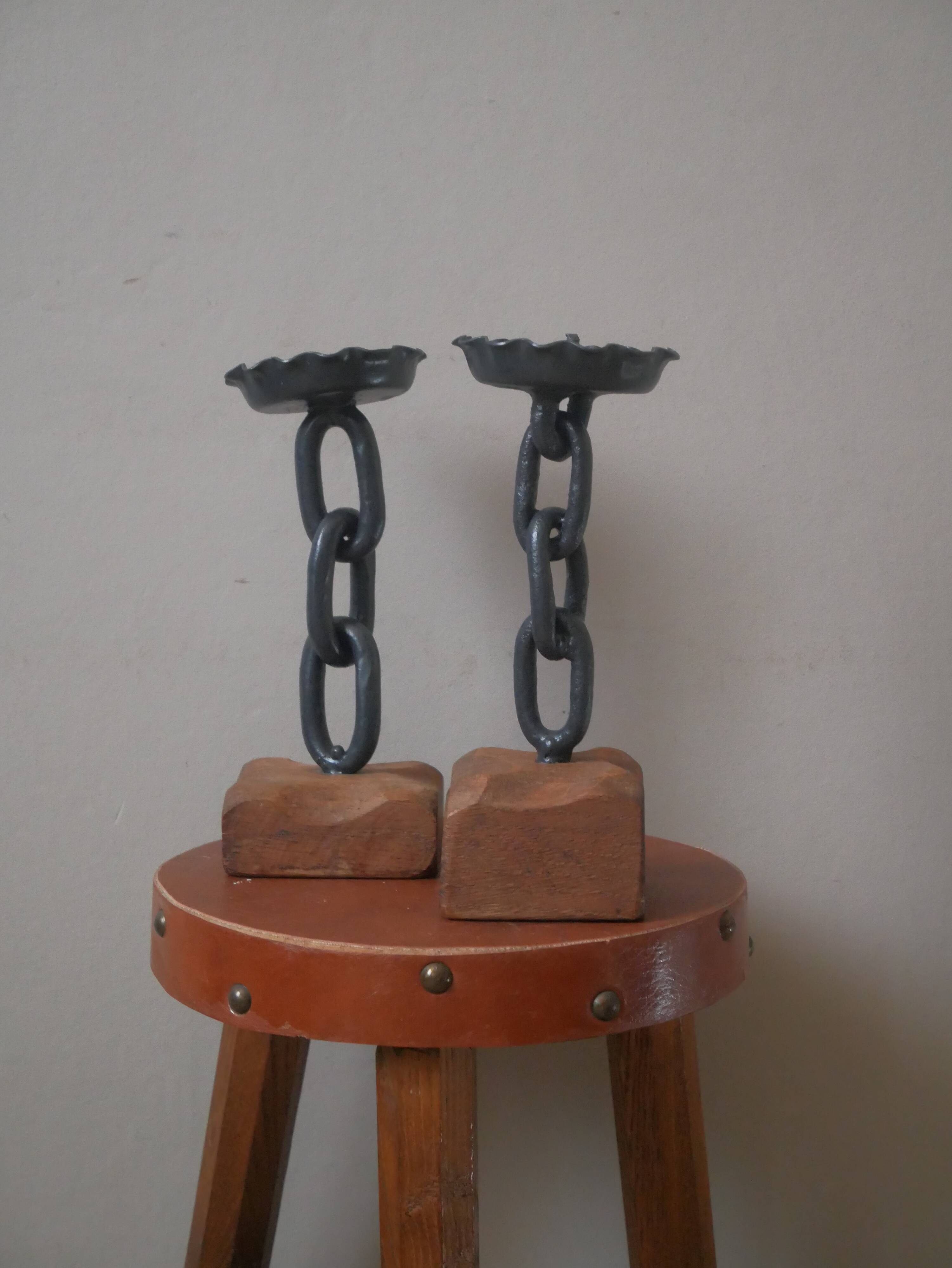 Pair of brutalist design candlesticks wood metal candelabra candlesticks handcrafted