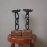 Pair of brutalist design candlesticks wood metal candelabra candlesticks handcrafted