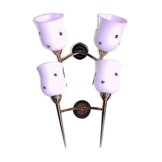 Mid-Century Double Brass Sconces in White Opaline With Golden Stars, France - a Pair