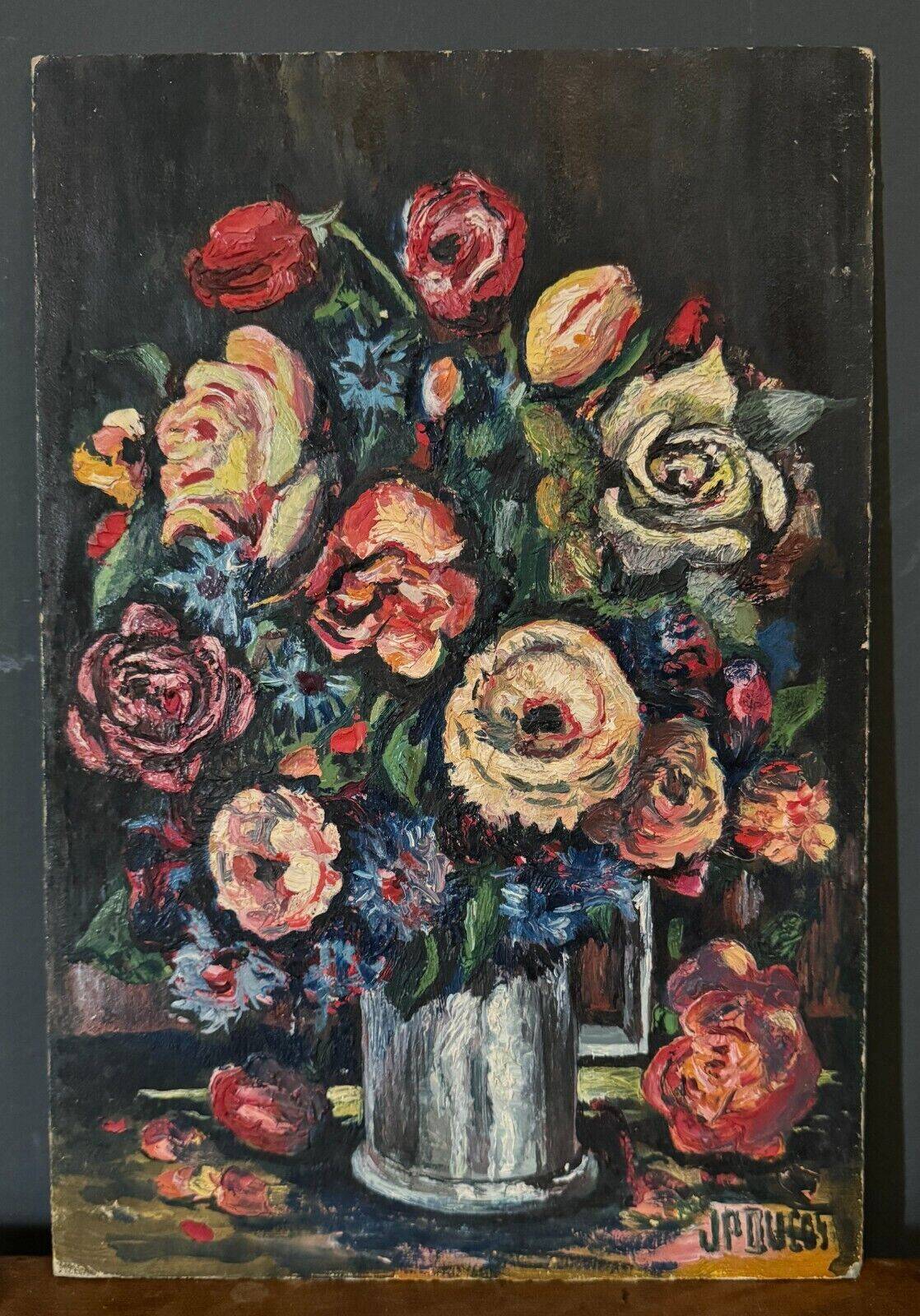 Oil on cardboard by JP Ducas still life with flowers 20th century