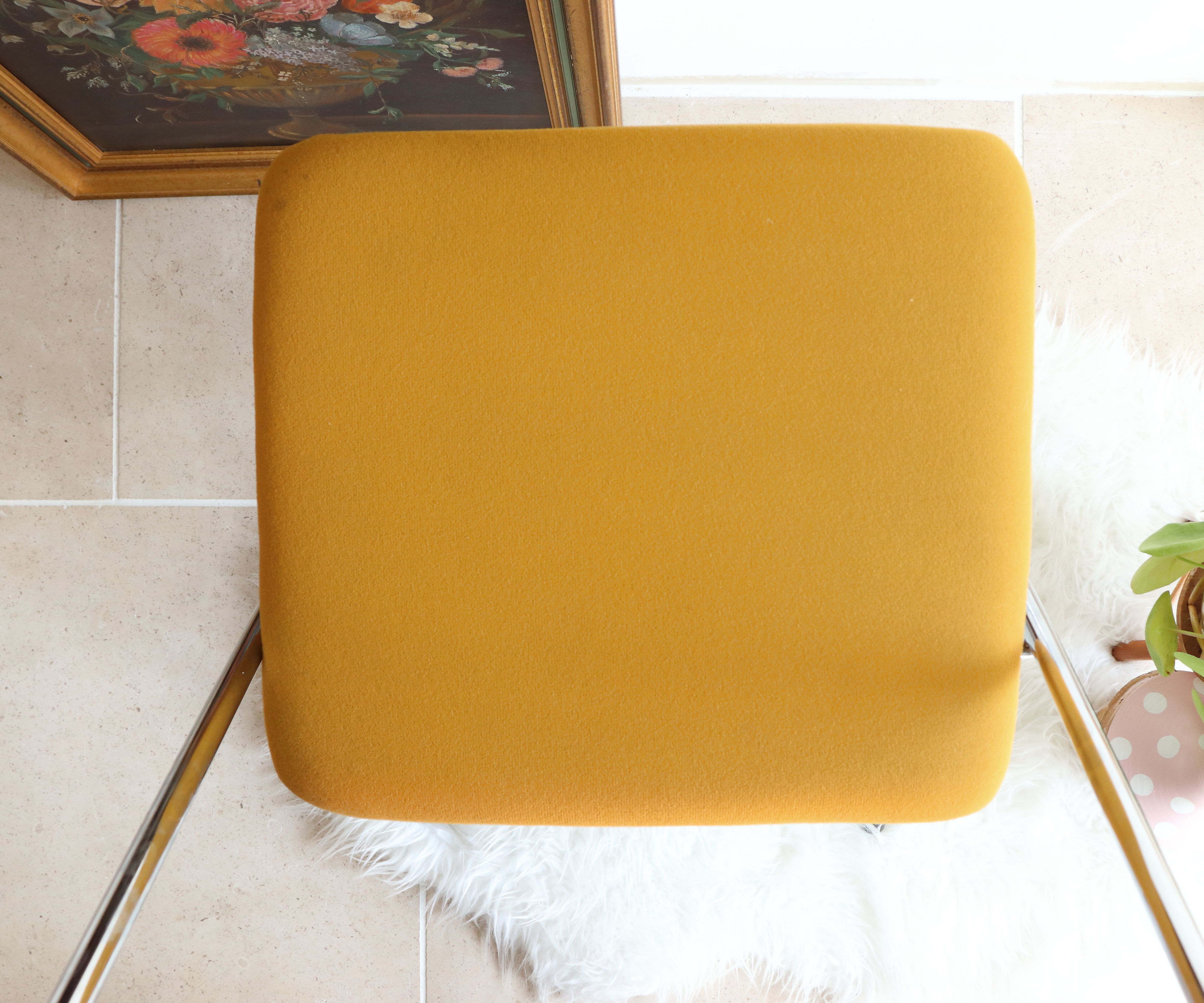 Pair of Eyrel 70s folding chairs in chrome metal and mustard fabric