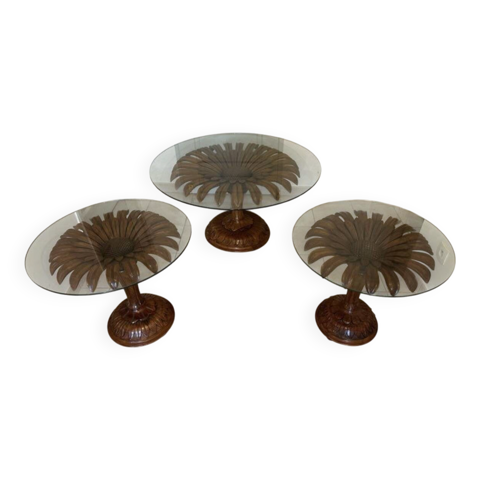 Set of 3 vintage coffee tables in carved wood and glass – floral pattern