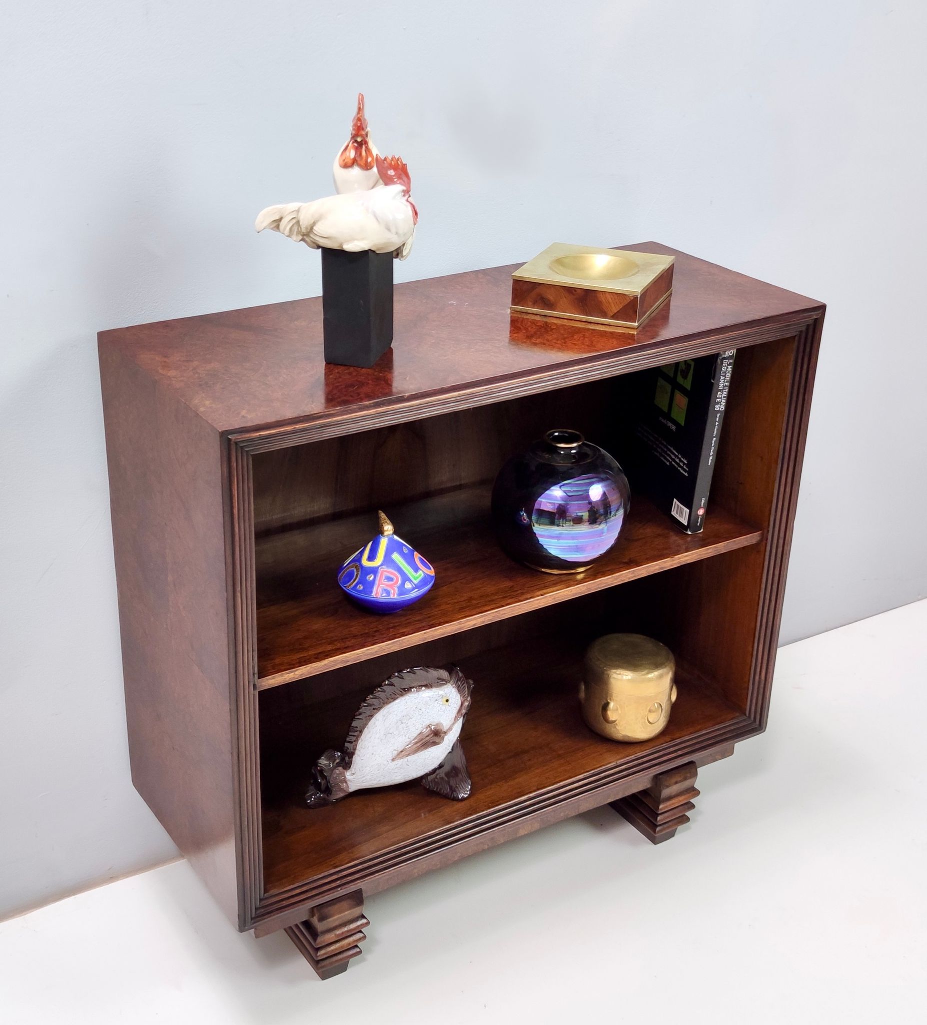 Vintage small walnut and birch root art deco bookcase, italy