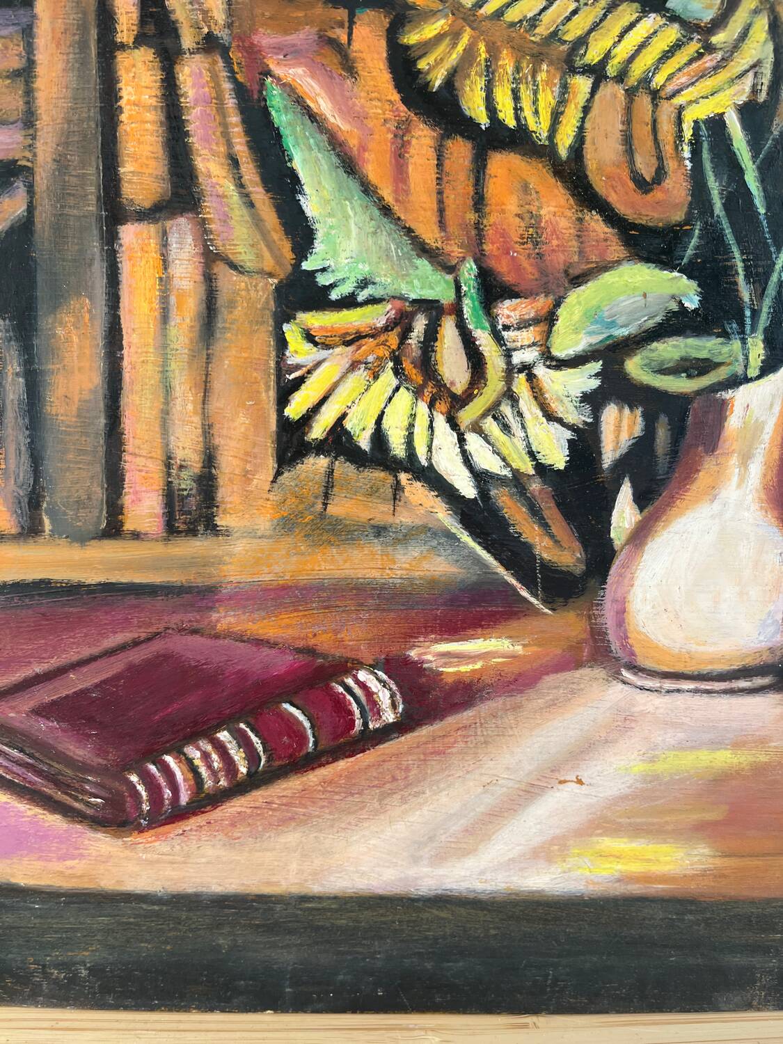 Still life, books and sunflowers, oil on panel