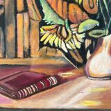 Still life, books and sunflowers, oil on panel