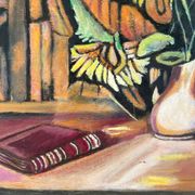 Nature morte, livres et tournesols, huile sur panneau
