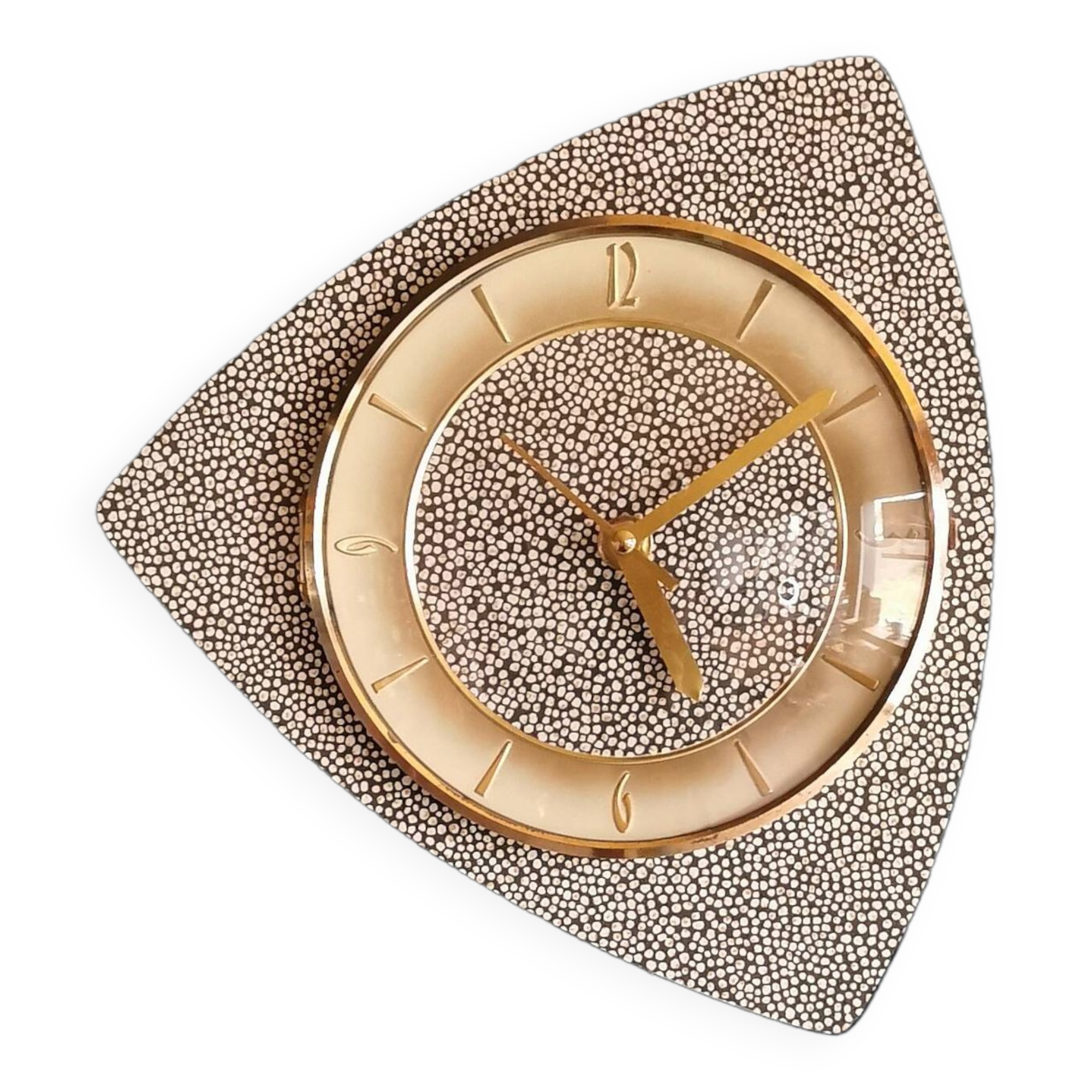 Vintage formica clock silent asymmetrical wall pendulum "Anthracite gold round"