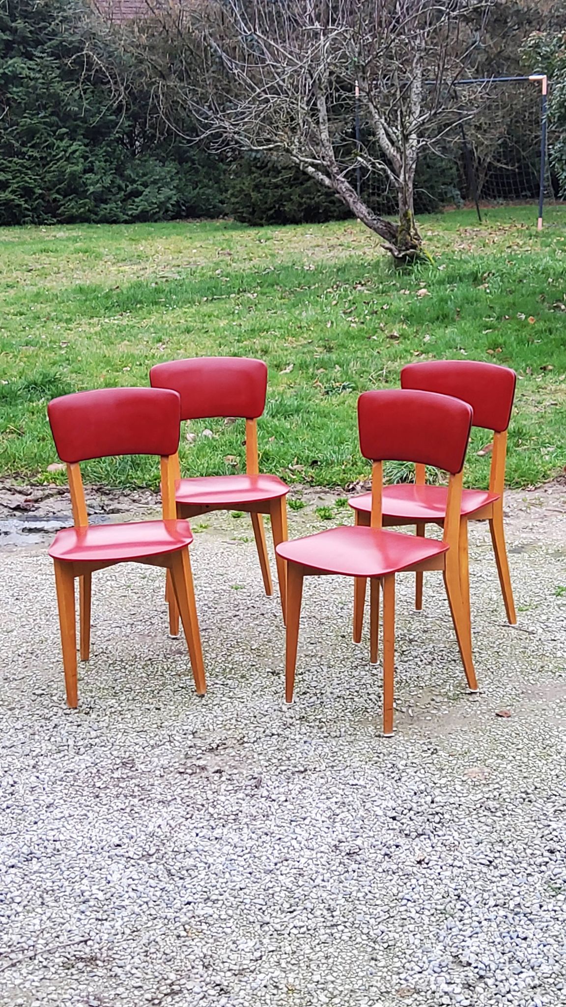 Set of 4 vintage chairs from the 50s in blond beech and red leatherette