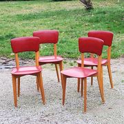 Set of 4 vintage chairs from the 50s in blond beech and red leatherette