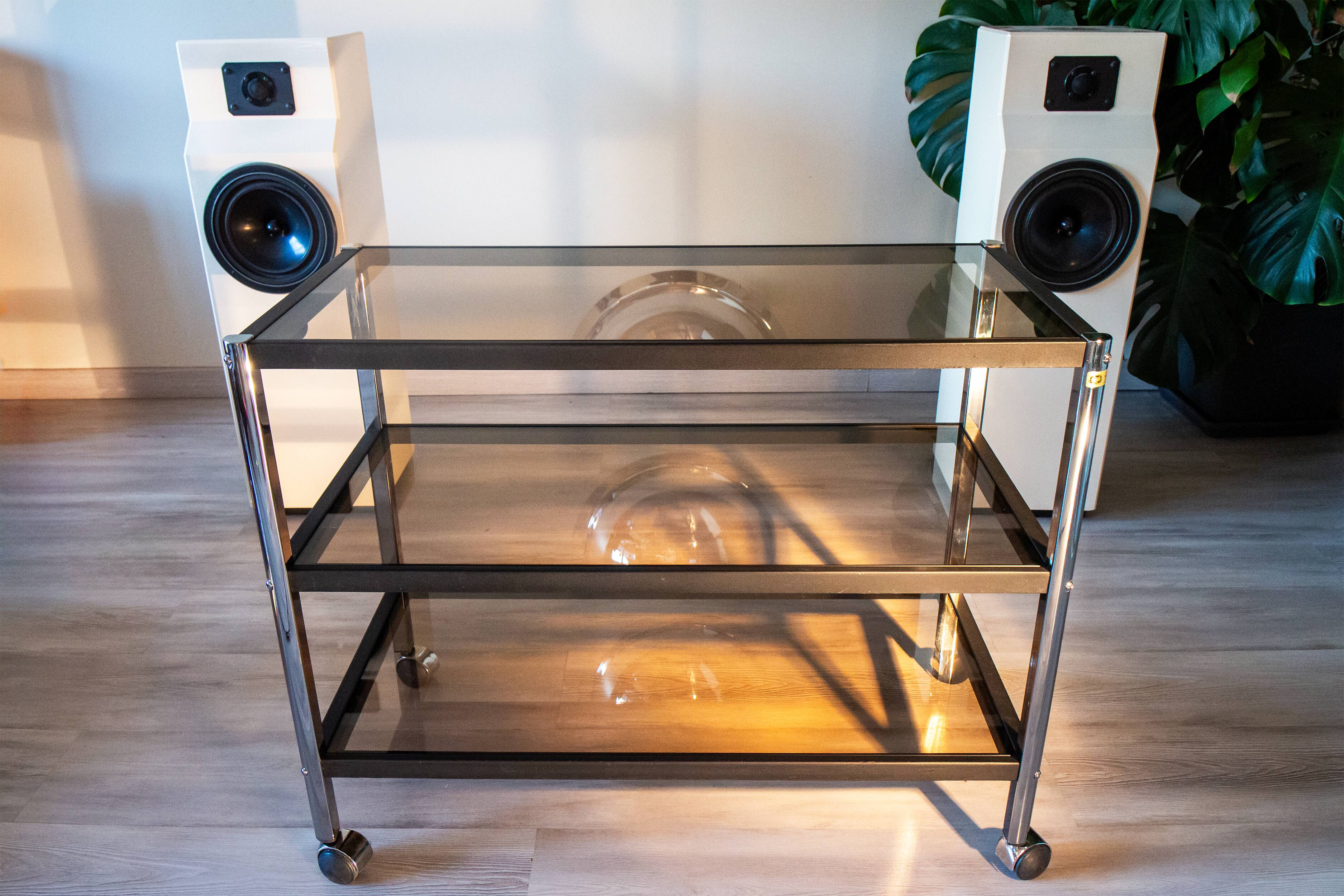 ERARD console (France), black metal and smoked glass side table, 1980.