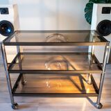 ERARD console (France), black metal and smoked glass side table, 1980.