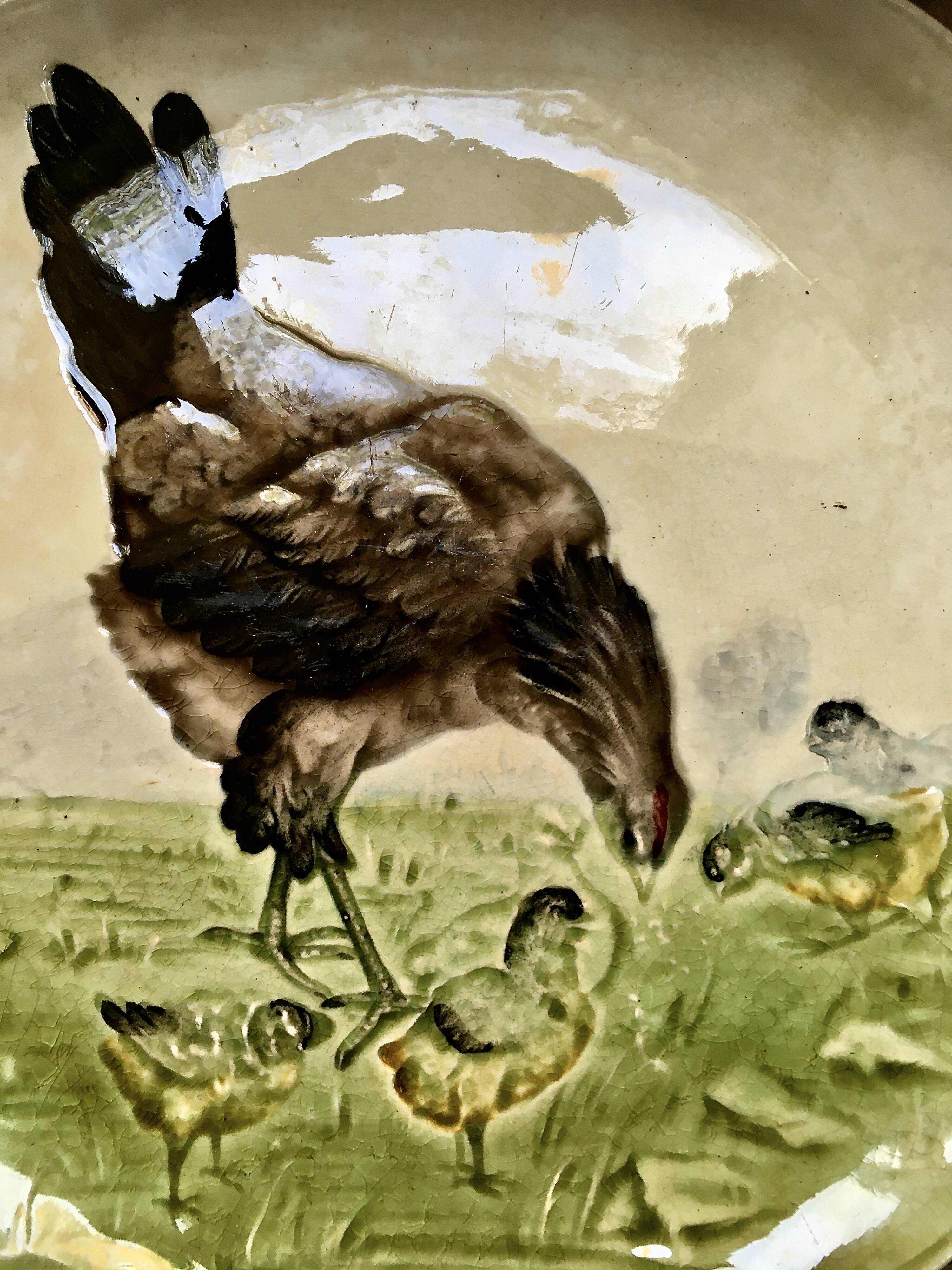 19th century majolica plate Hen and Chicks Choisy Le Roi