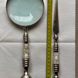 Magnifying glass set and letter opens in silver metal and mother-of-pearl