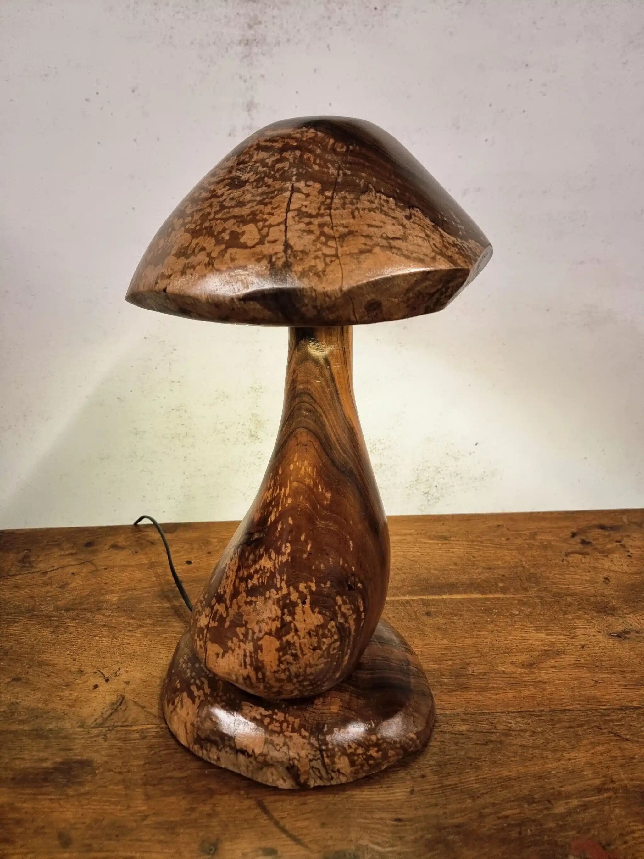 Hand-carved wooden mushroom table lamp with integrated LED