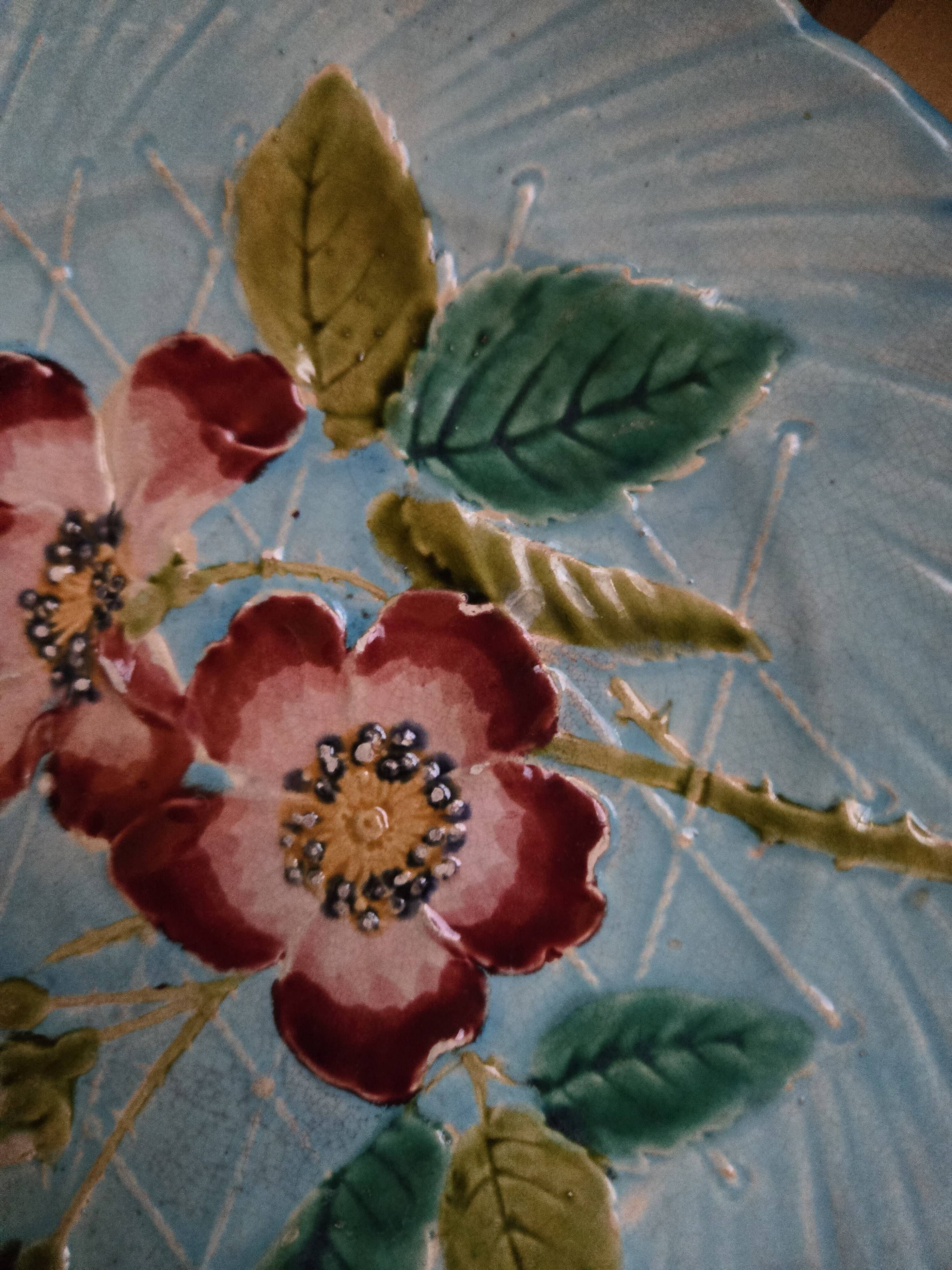 Sarreguemines plates majolica with pink wild roses