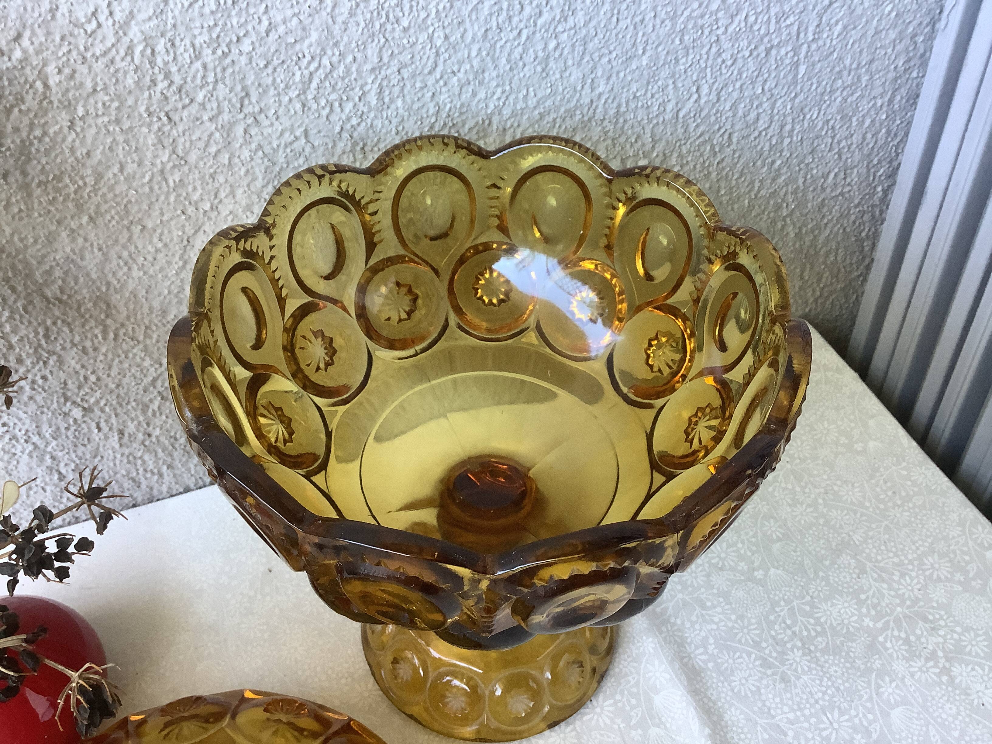 Bonbonnière à compote en verre moulé ambré l.e. moon & stars, piédestal