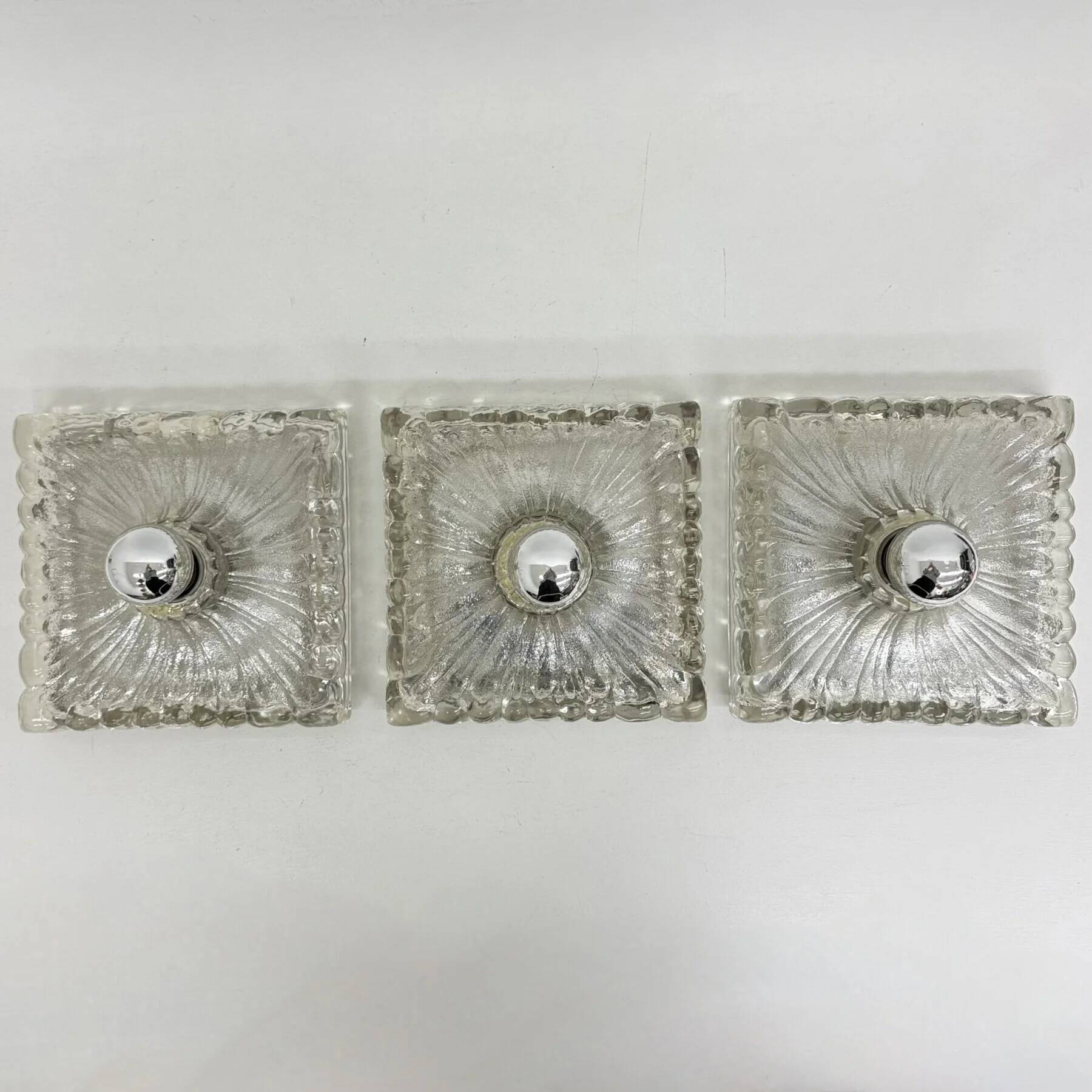 Hustadt Leuchten ice glass wall lamp sconce set of 3, 1970s Germany