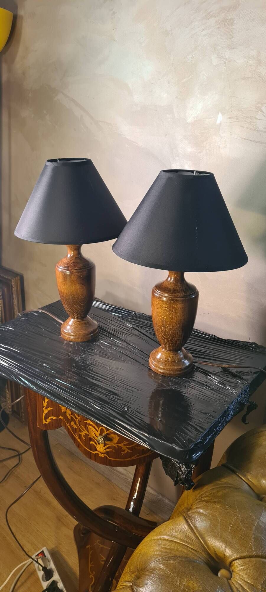 Pair of scandinavian design bedside lamps in turned wood elec ok 48x25