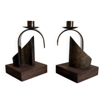 Pair of Brutalist Sculptural Candleholders by Arte Romera, Spain, 1980s