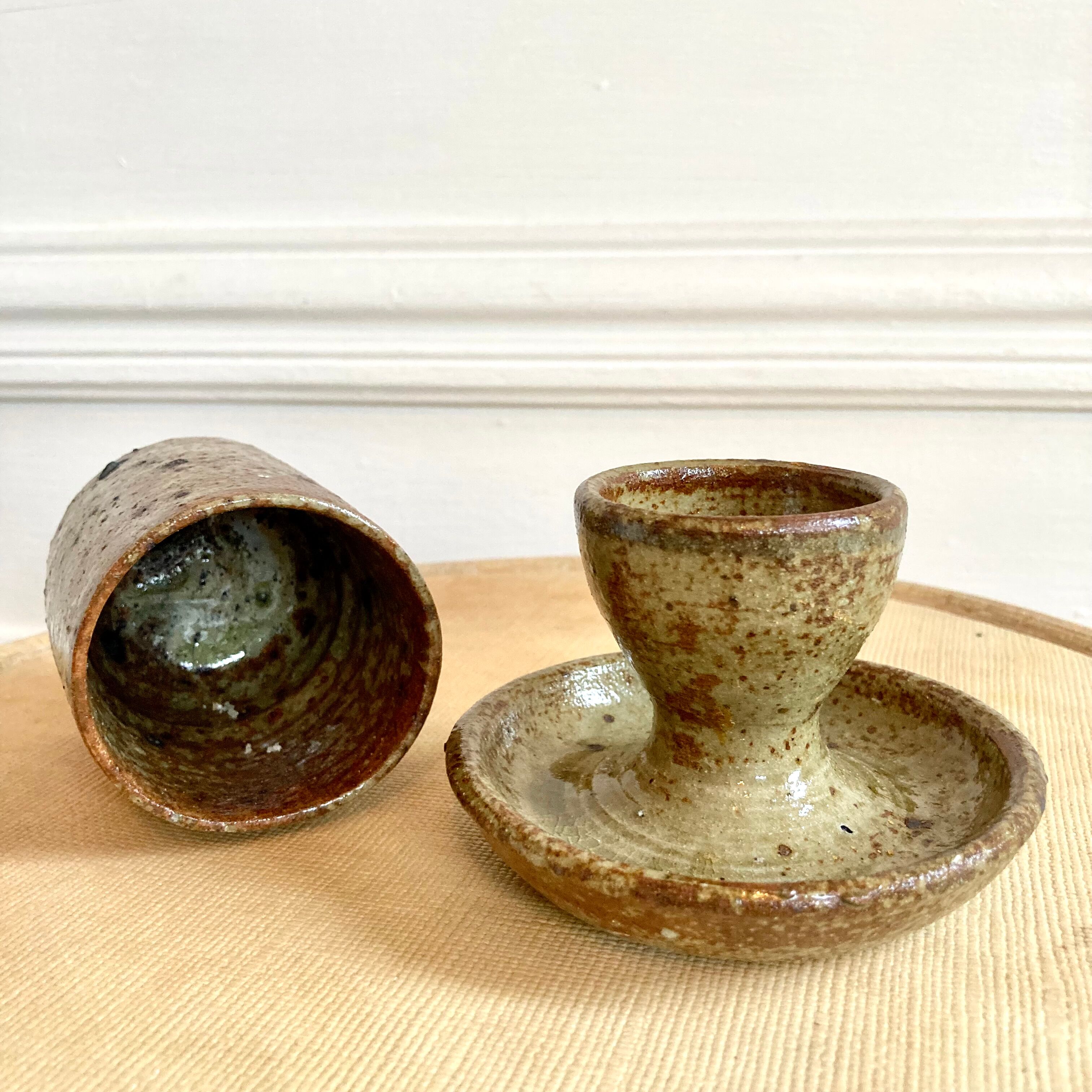 Egg cup and bowl set in pyrite stoneware