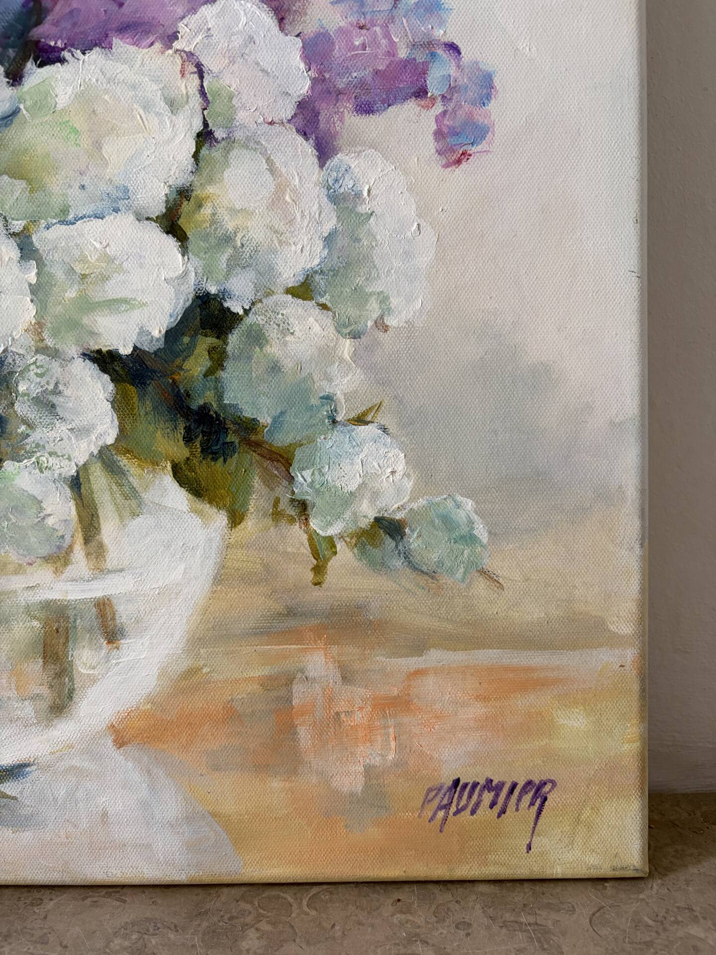 Snowballs and lilacs, oil on canvas signed Paumier