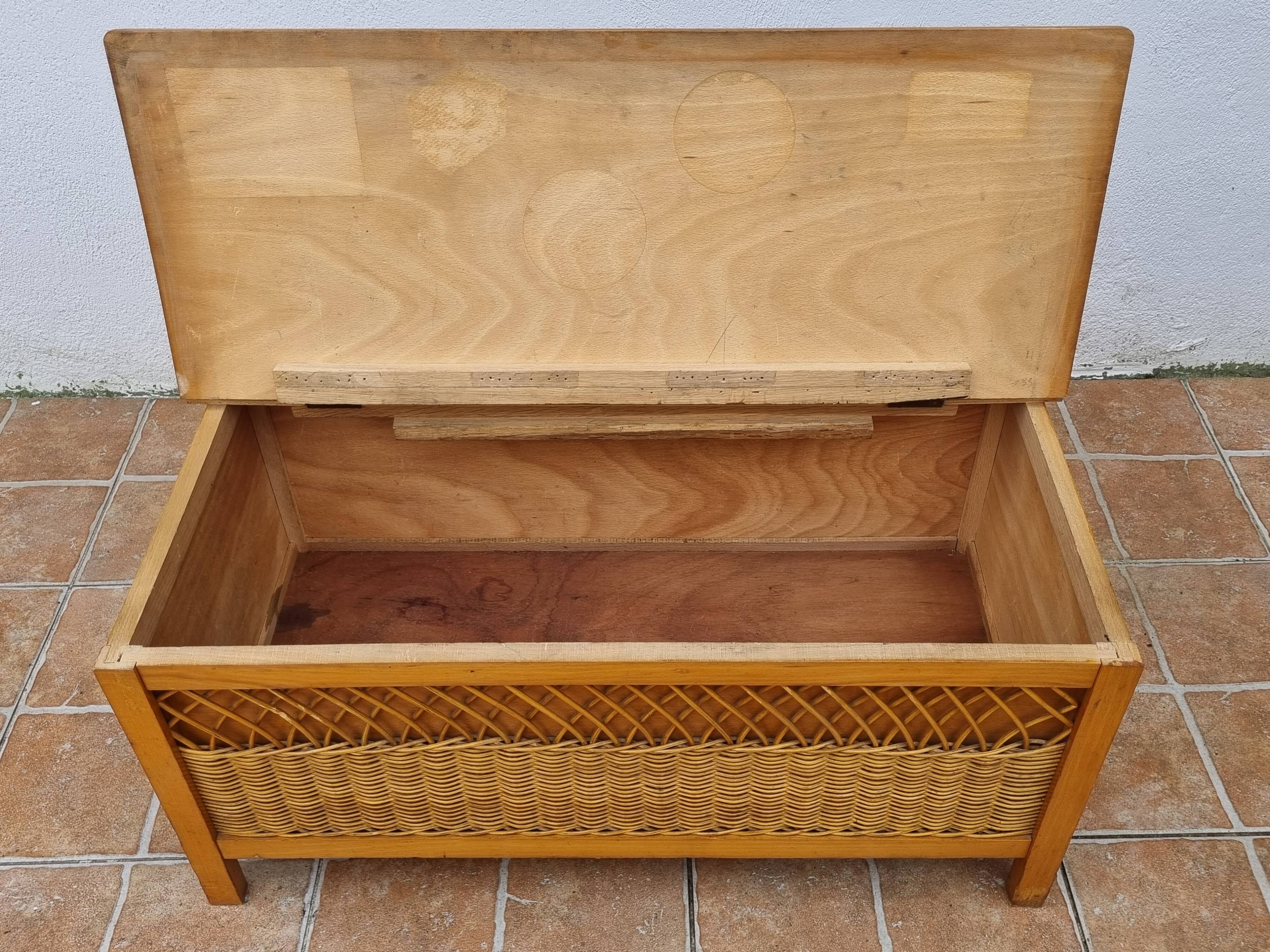 Vintage wooden bench with caning and woven rattan, 1960s-70s.