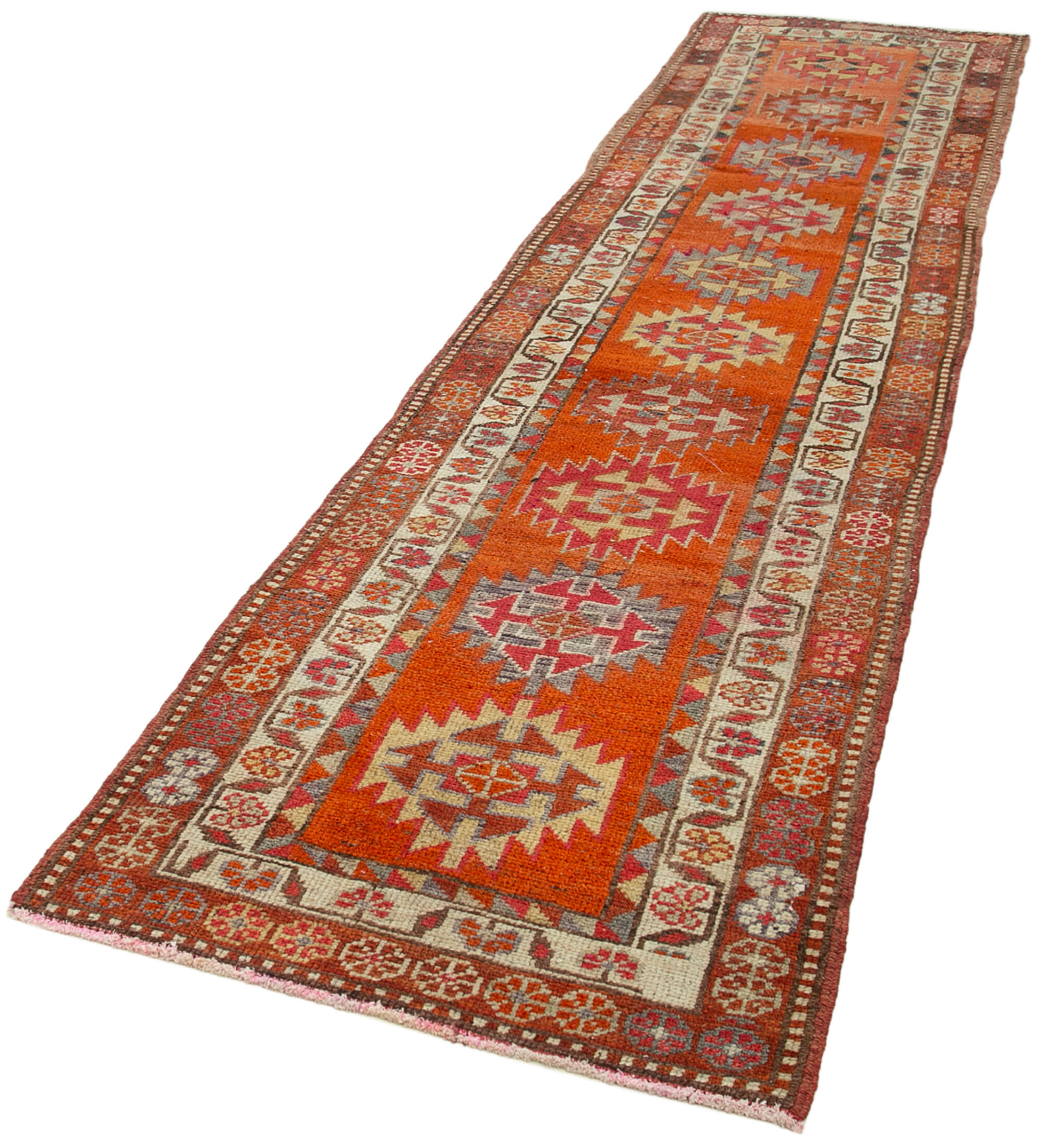 Handwoven rustic anatolian red runner carpet 93 cm x 374 cm