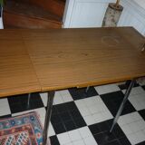 Brown formica table with 2 extension cords and drawer