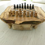 Vintage Handcrafted Carved Olive Wood Chess Games with Natural Edge Drawer