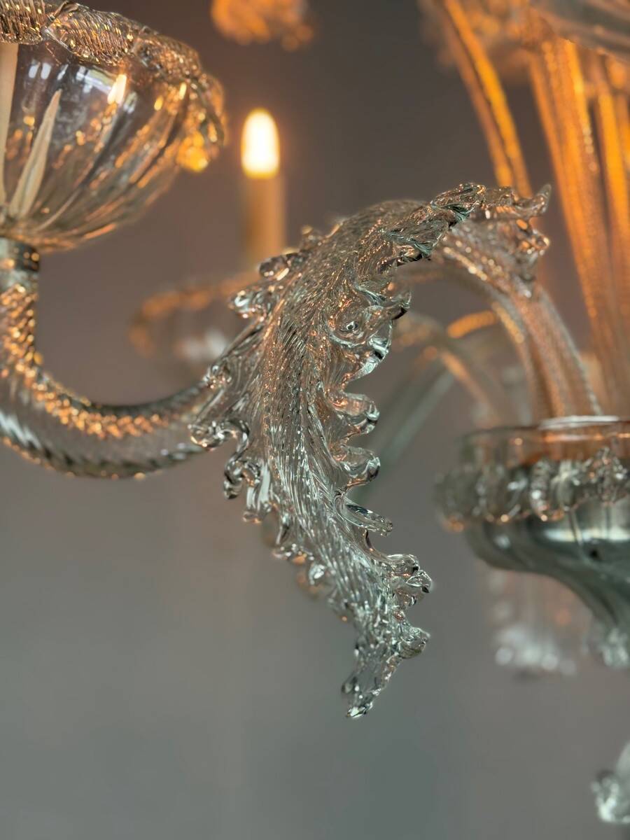 Venetian chandelier in colorless Murano glass, 6 light arms, circa 1940