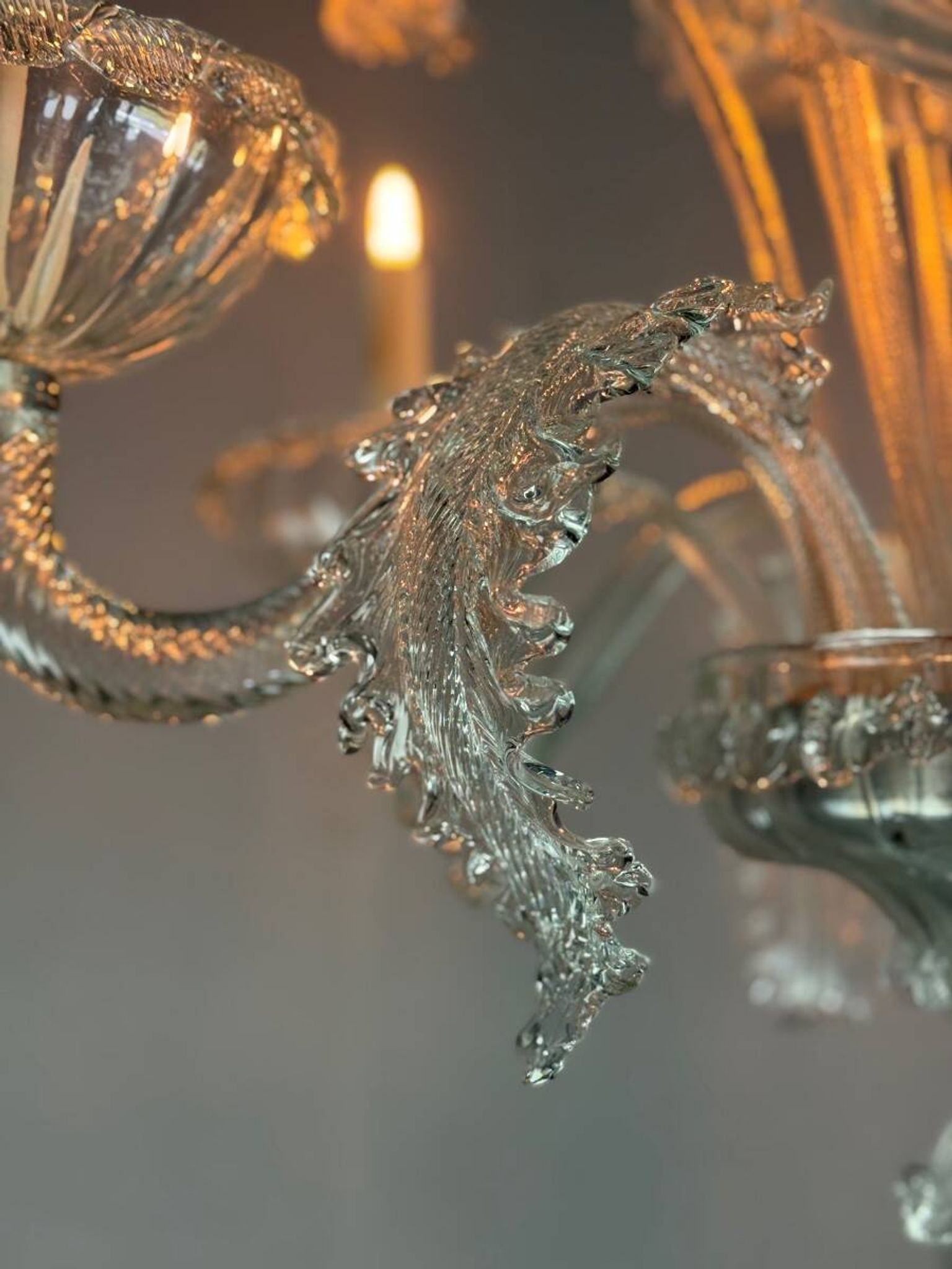 Venetian chandelier in colorless Murano glass, 6 light arms, circa 1940