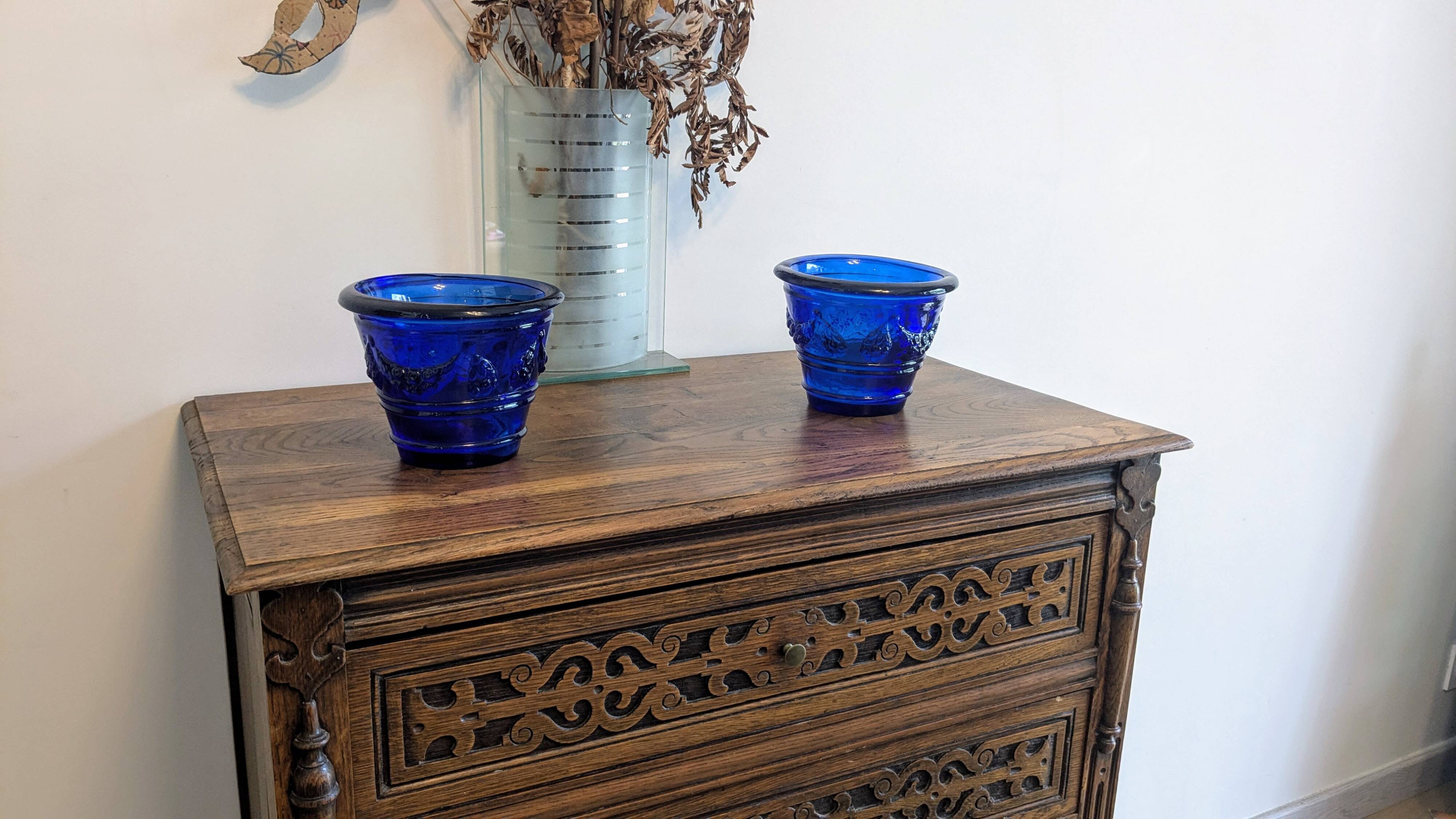 Blue Blown Glass Plant Pots – Elegant Handcrafted Pair