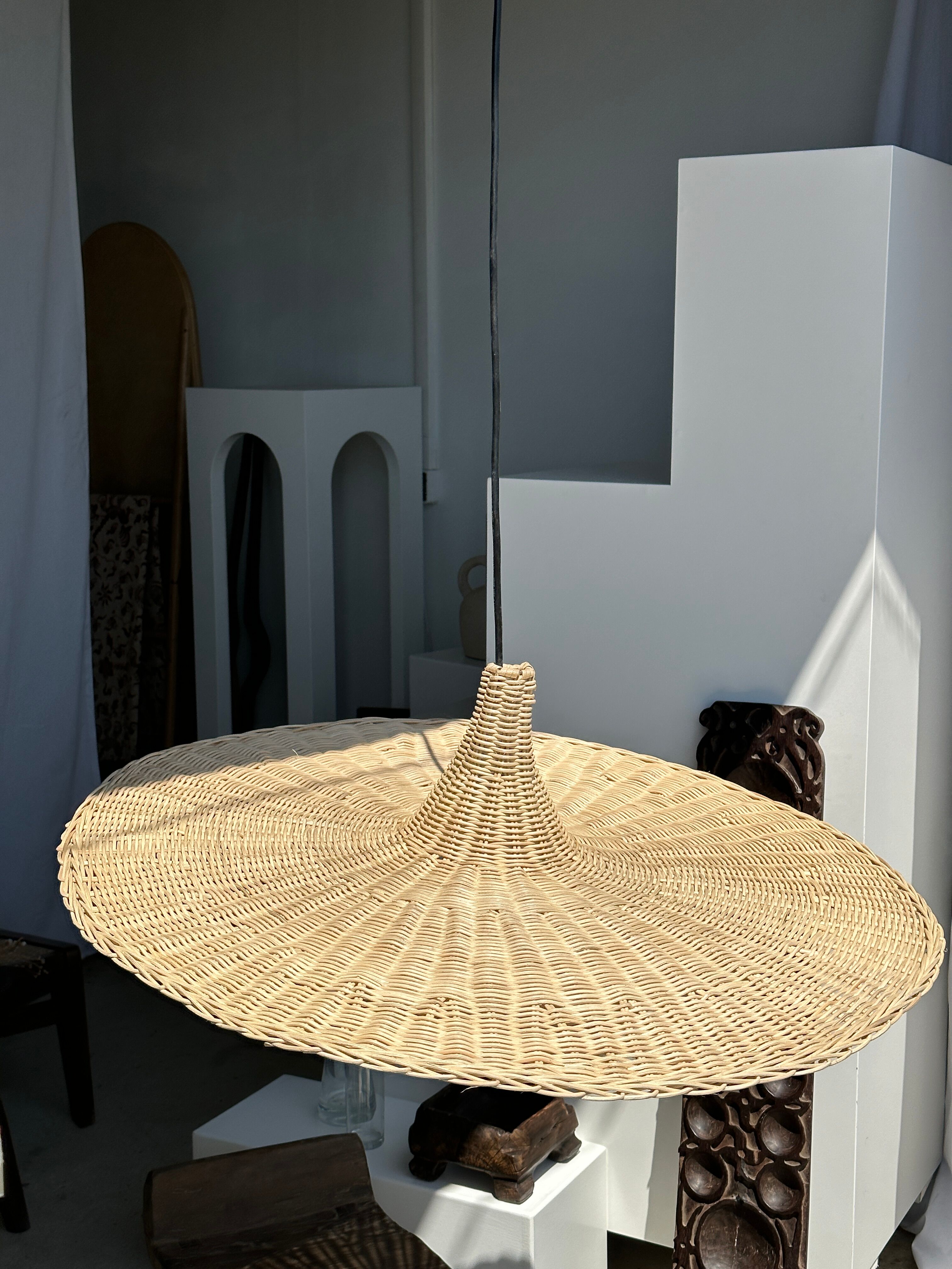 Large suspension, rattan luminaire in hat shape D:80cm