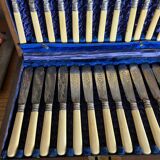 Box of 24 ivory and engraved silver metal cutlery - 19th century