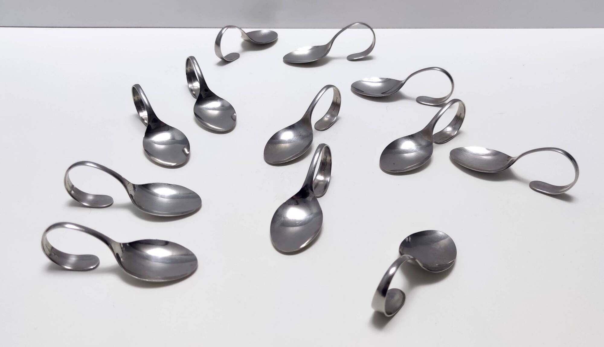 Postmodern Set of Twelve Steel Serving Spoon by Pinti, Italy, 1980s