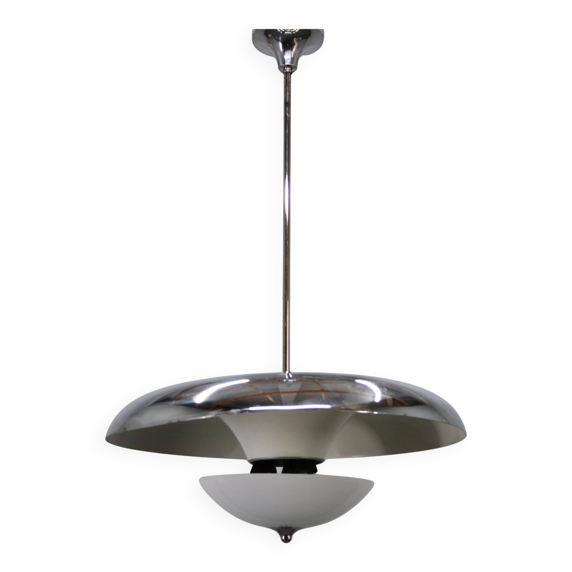 Art Deco chrome and opaline glass chandelier by Napako, 1930s