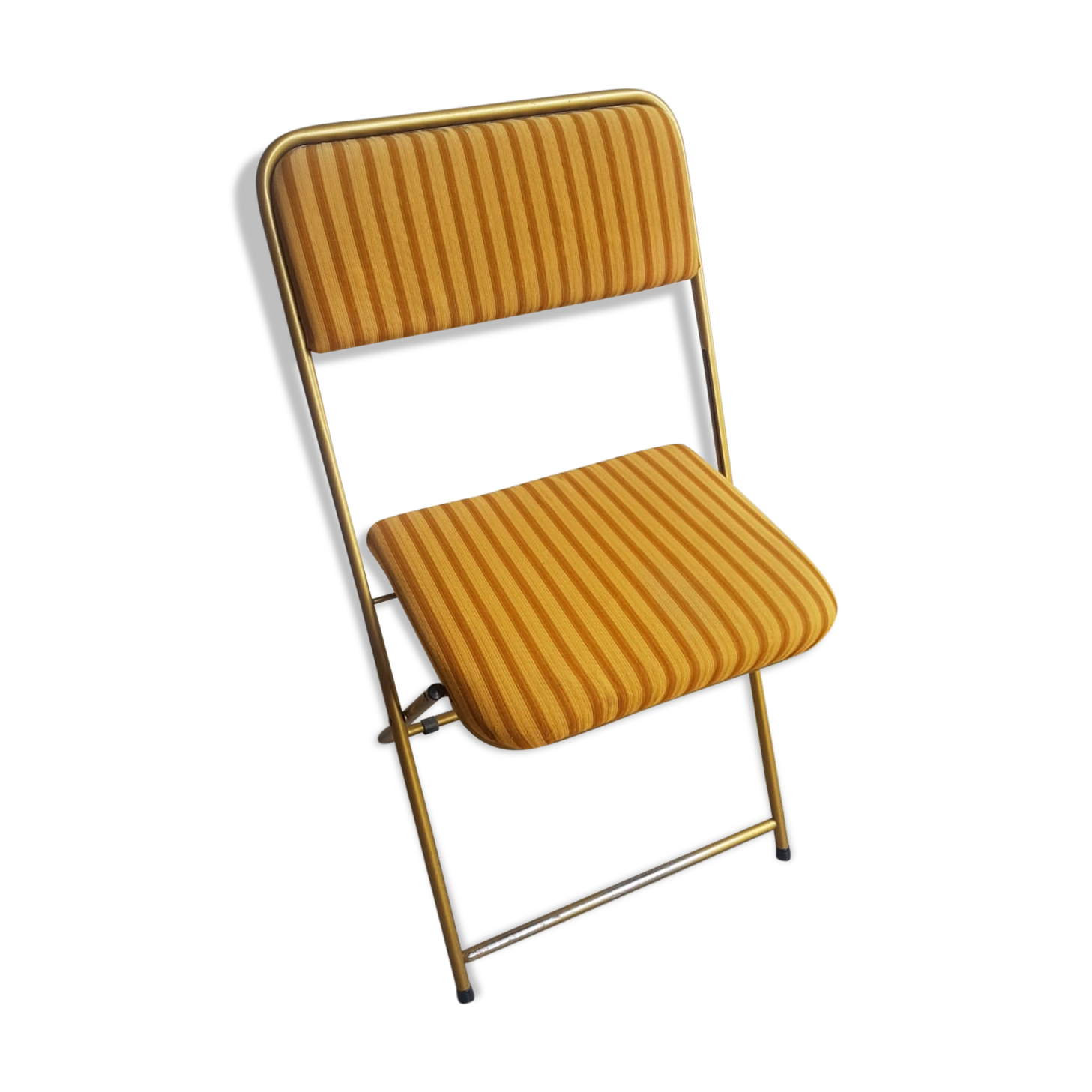 Old folding chair lafuma metal gold with fabric yellow stripes vintage