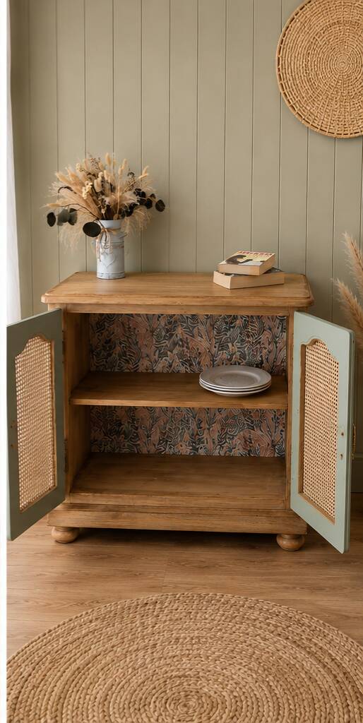 Renovated vintage sideboard in caning and sage green.