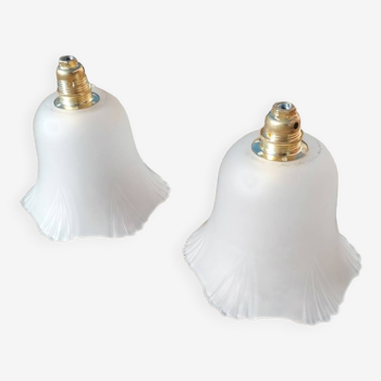 Set of 2 vintage hanging lamps in white glass