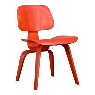 Charles & Ray Eames Early DCW Red aniline dye Ash Dining Chair for Evans Plywood