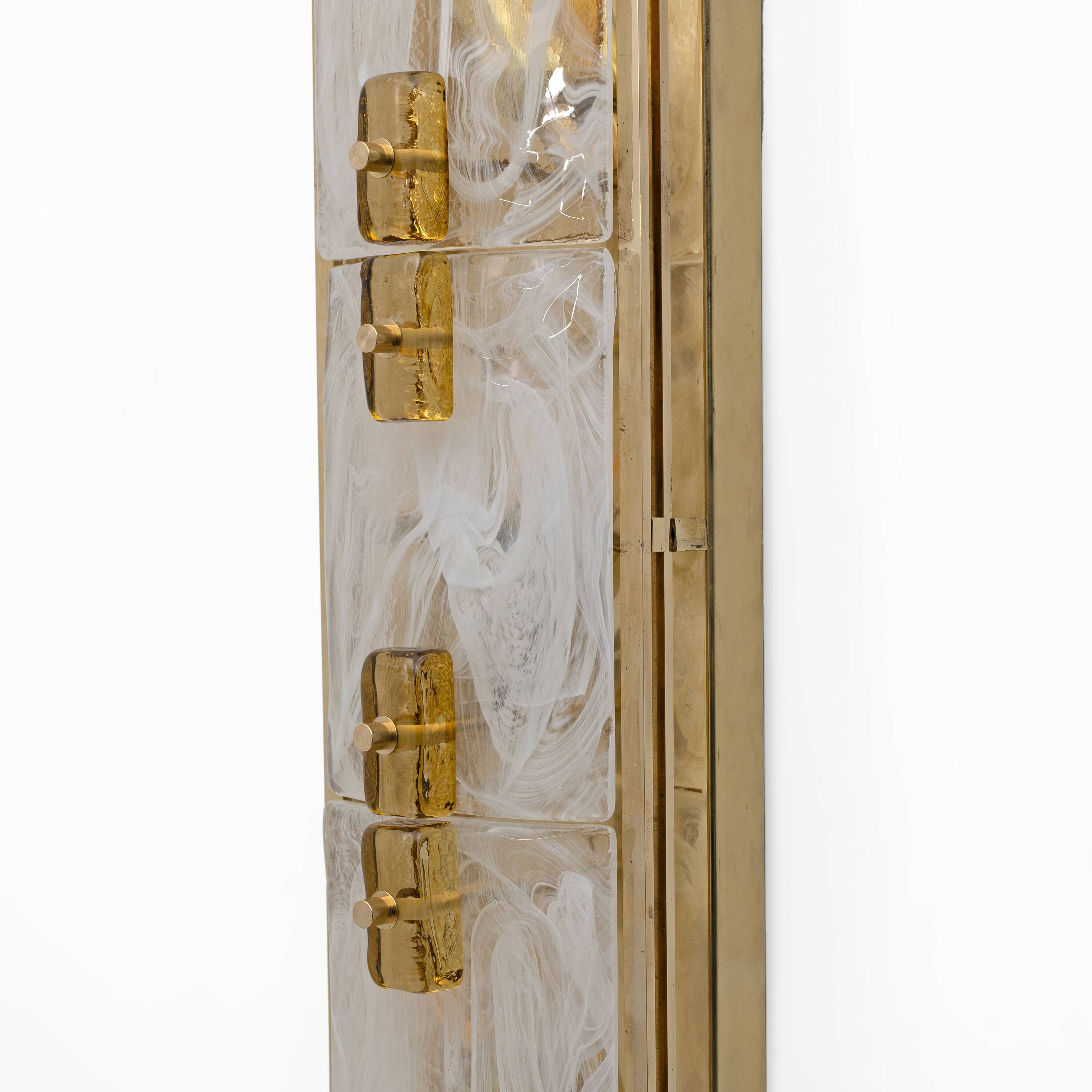 Pair of Modern Sconces in Brass and Milk White Murano Glass and Amber Glass